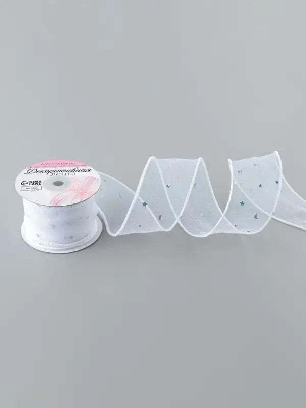 Лента капроновая &laquo;Волна&raquo;, с блёстками, 50 мм, 9&plusmn;1 м, белая