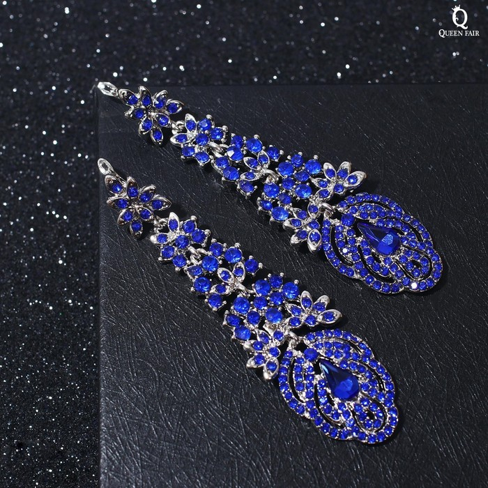 Серьги висячие со стразами «Вечерние» лепестки, цвет синий в серебре, 8 см Серьги висячие со стразами «Вечерние» лепестки, цвет синий в серебре, 8 см