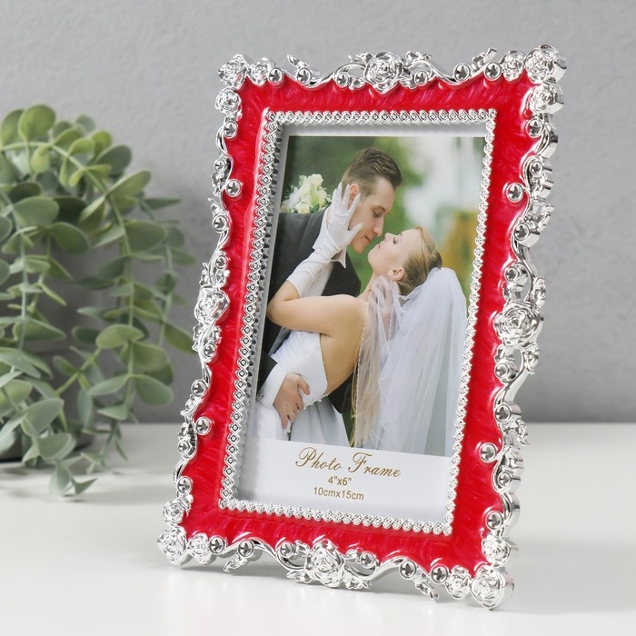 Фоторамка пластик под металл 10х15 см "Садовые розы" красный с серебром 13,3х18 см