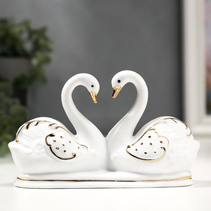 Сувенир керамика "Два белых лебедя в пруду" с золотом, стразы 14 см