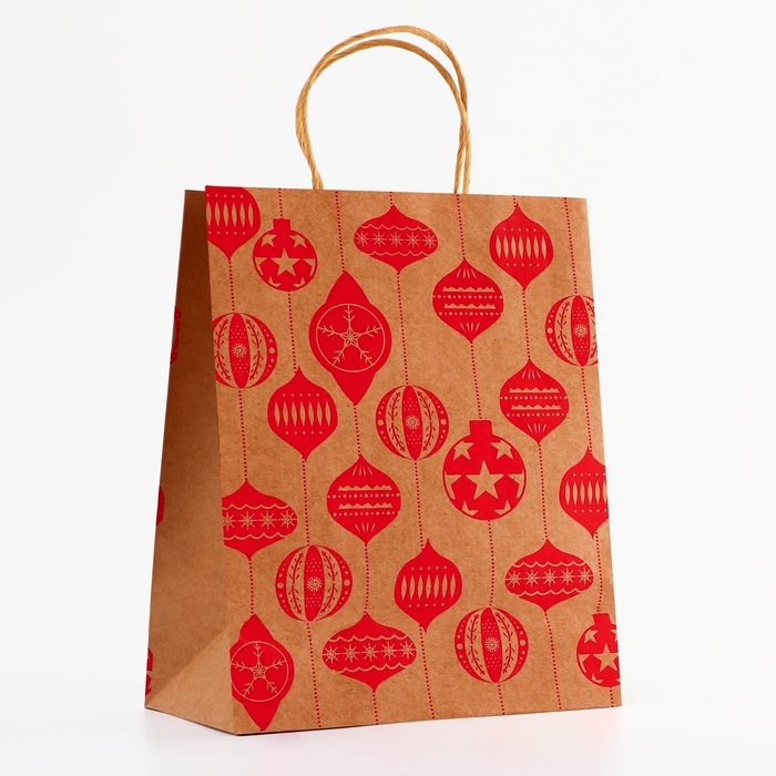 Пакет крафт с тиснением, круглая ручка, Пакет крафт с тиснением, круглая ручка, "Ёлочные игрушки" 33 х 25 х 12 см, 120 г