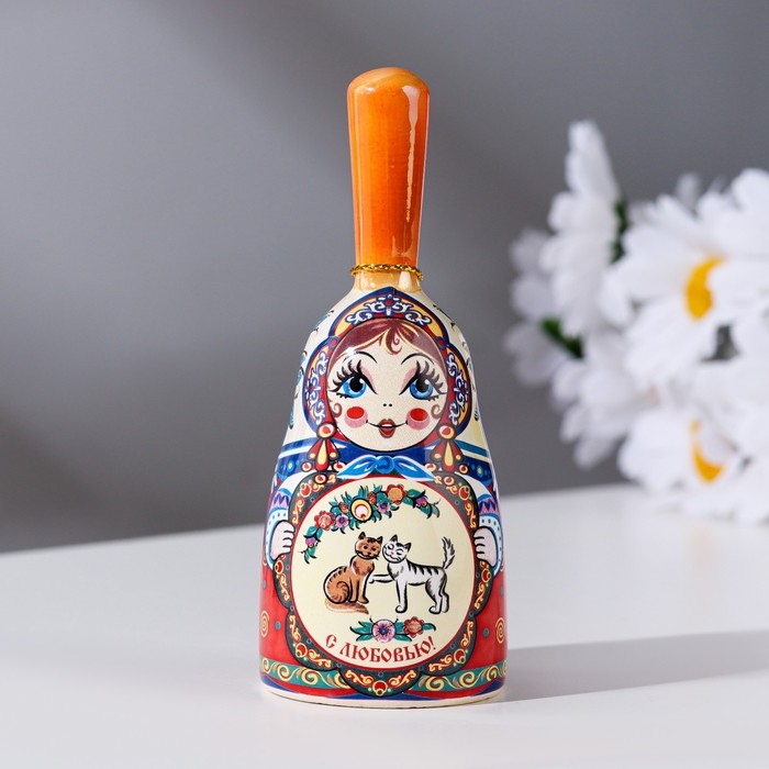 Колокольчик матрешка средняя с ручкой, кошки, микс  10 см Колокольчик матрешка средняя с ручкой, кошки, микс  10 см