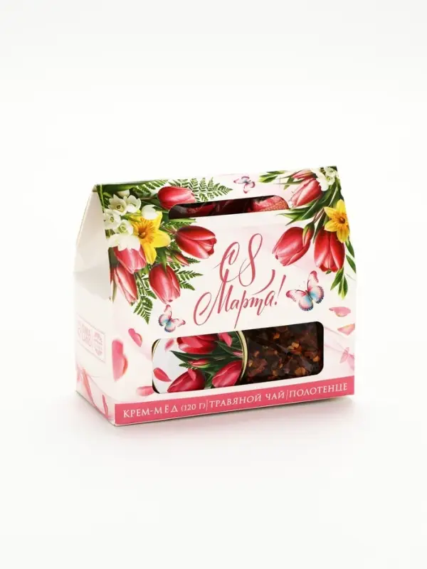 Набор с крем-мёдом 120, чаем и полотенцем в коробке "С 8 марта"