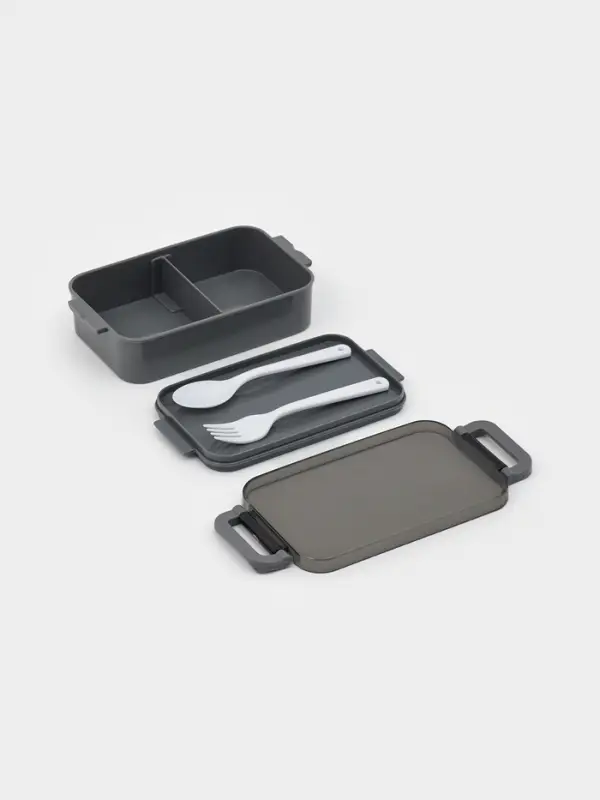 Ланч-бокс, 2 отделения, 2 яруса, с вилкой и ложкой, бутылкой 500мл,20х17х5,5 см, цвет серый   109495