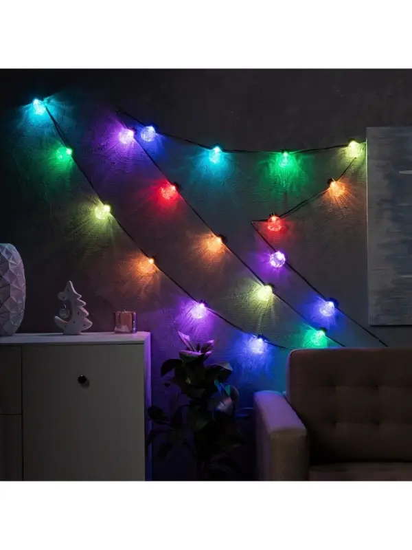 Умная гирлянда &laquo;Нить&raquo; 6 м с насадками &laquo;Рифленые шарики&raquo;, IP20, тёмная нить, 20 LED, свечение RGB, USB