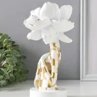 Бюст полистоун "Девушка с белым цветком, в клетчатом наряде" бело-золотой 11х11х20 см