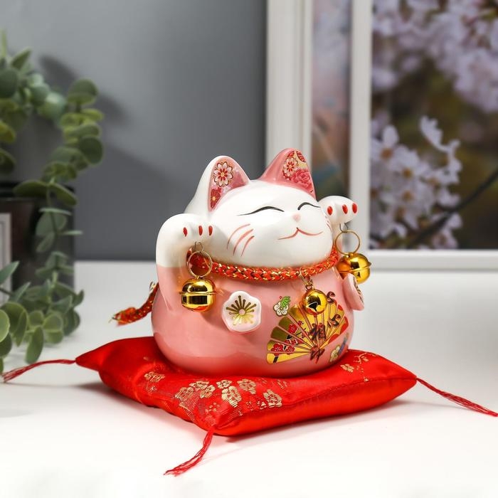 Сувенир керамика копилка Сувенир керамика копилка "Розовый кот Манэки-нэко с колокольчиками" 11,5х11,5х9,5 см