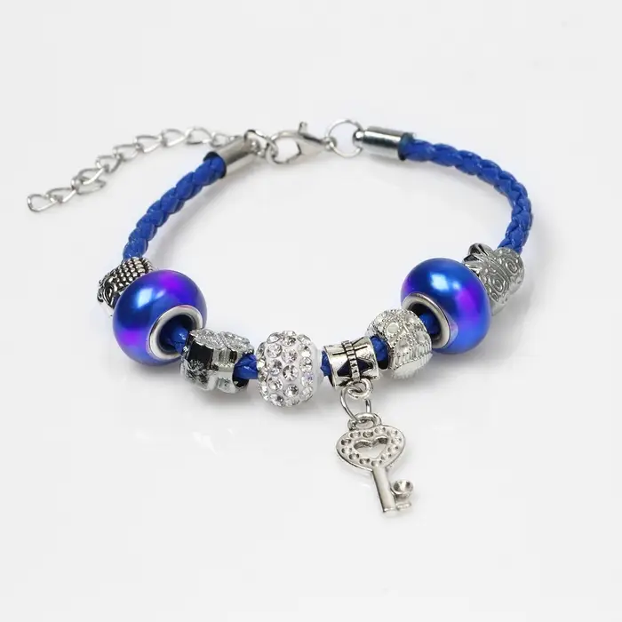 Браслет ассорти «Марджери» бусины с ключиком, цвет бело-синий в серебре, L=19 см
