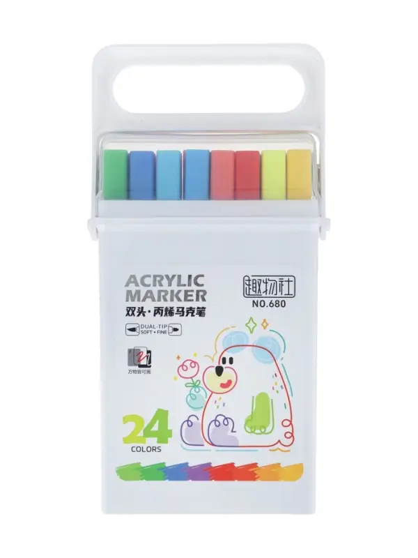 Набор маркеров профессиональных двусторонних 24 цветов, в пенале, c ручкой, микс