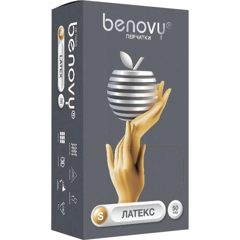 Перчатки мед. смотров. латекс н/c,н/о, текст,2хлор Benovy (S) 50п/уп