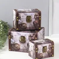 Шкатулка дерево "Карта и компас" набор 3 шт 8,5х12х8,5 12,5х15х11,5 18х15,5х13 см