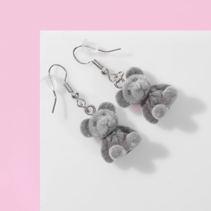 Серьги детские «Выбражулька» медвежонок, цвет серый в серебре Серьги детские «Выбражулька» медвежонок, цвет серый в серебре