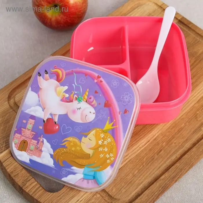 Ланч - бокс квадратный с секциями и ложкой «Единорог», 400 мл