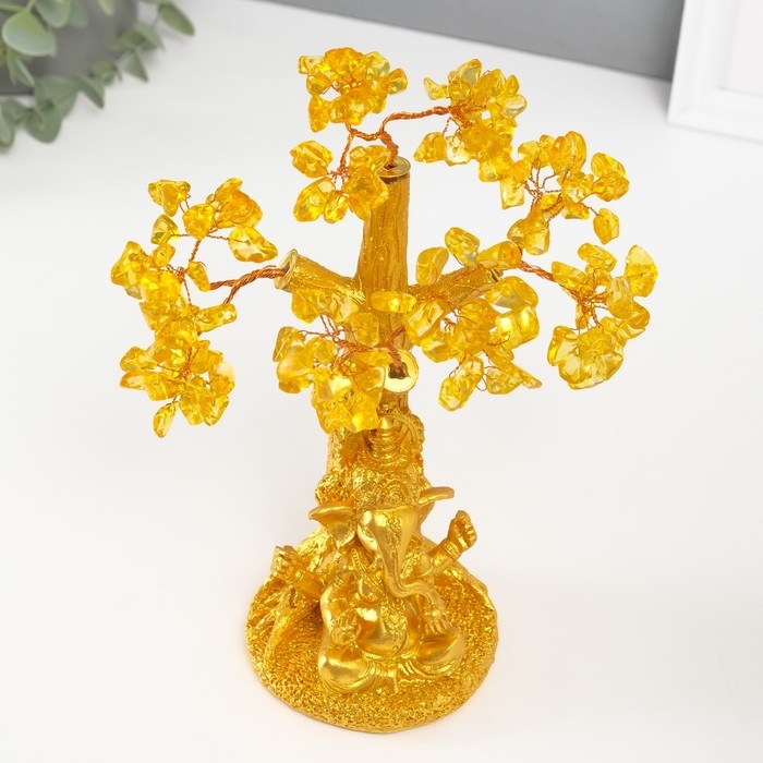 Сувенир бонсай "Ганеша у денежного дерева" жёлтый 120 камней 9х9х23,5 см