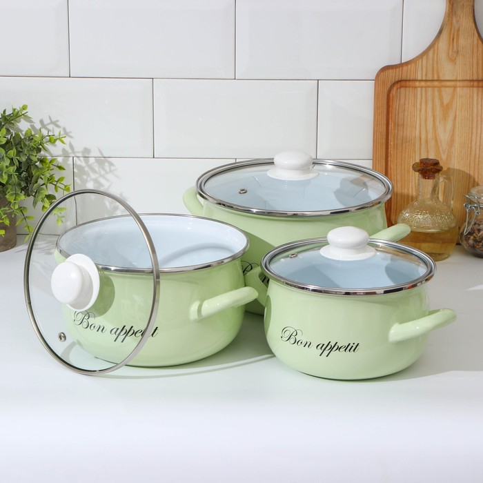 Набор кастрюль «Лайм», 3 предмета: 2,1 л, 3,1 л, 4 л, индукция, цвет светло-зелёный Набор кастрюль «Лайм», 3 предмета: 2,1 л, 3,1 л, 4 л, индукция, цвет светло-зелёный