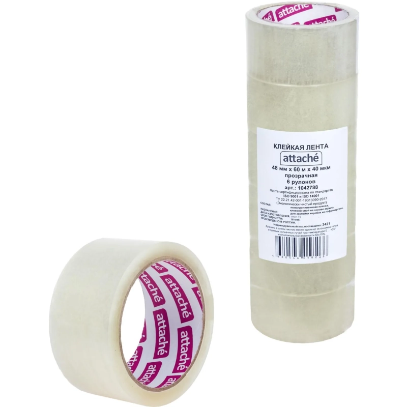 Клейкая лента упаковочная ATTACHE 48мм х 60м 40мкм прозрачная 6 шт/уп