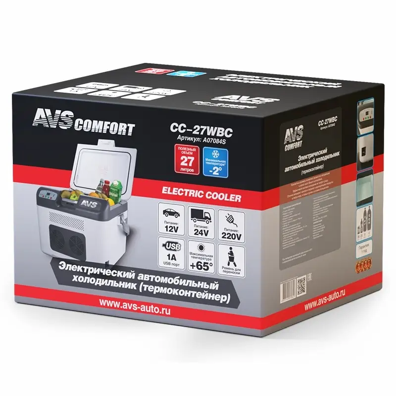 Холодильник автомобильный AVS CC-27WBC(программное цифровое управление, USB-порт) 27л 12V/24V/220V