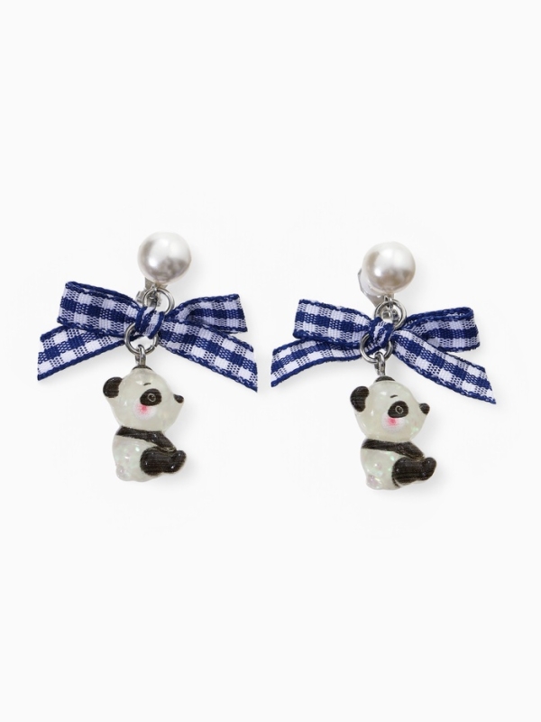 Серьги-клипсы детские  Серьги-клипсы детские "Выбражулька" панда с бантом клетка и жемчужиной, цветные