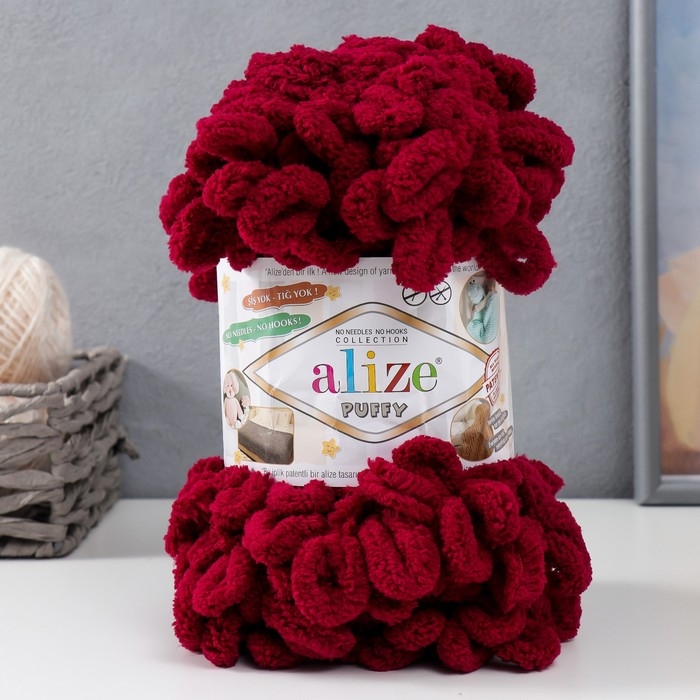 Плюшевая пряжа для вязания руками ALIZE, Puffy, 100% микрополиэстер, 9 м/100 г, (107 вишня)