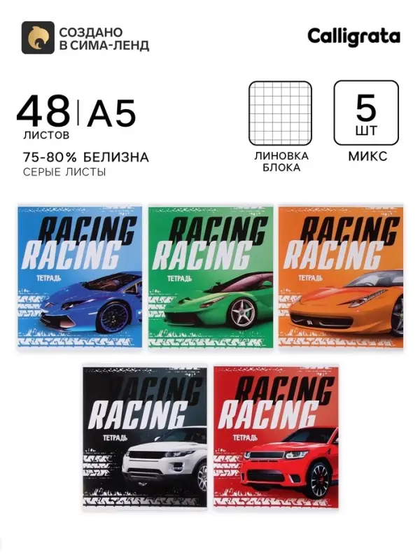 Тетради 48 листов в клетку, Calligrata Racing defender, обложка мелованная бумага, серые листы, 5 шт.