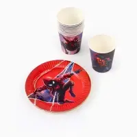 Посуда одноразовая бумажная на 10 персон: стаканы, тарелки, скатерть, Человек Паук