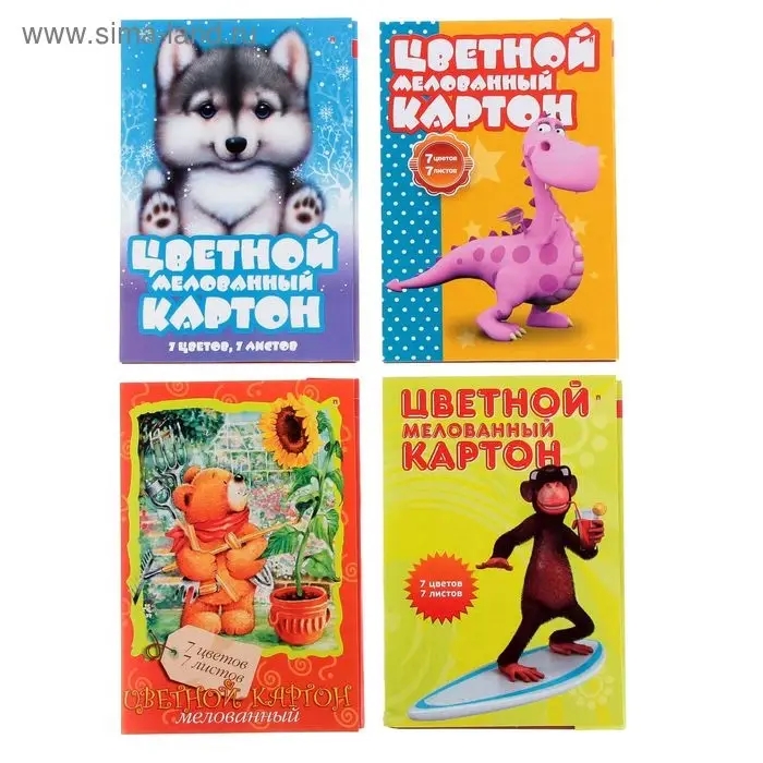 Картон цветной А4, 7 листов, 7 цветов &laquo;Мультики&raquo;, 200 г/м&sup2;, 4 вида МИКС