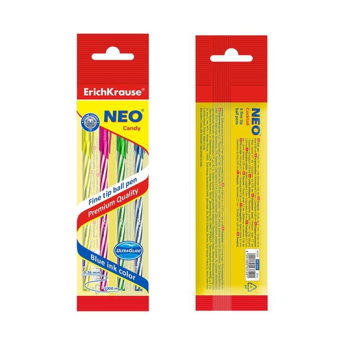 Набор ручек шариковых ErichKrause Neo Candy, 4 штуки, игольчатый узел 0,7 мм, чернила синие, корпус микс Набор ручек шариковых ErichKrause Neo Candy, 4 штуки, игольчатый узел 0,7 мм, чернила синие, корпус микс