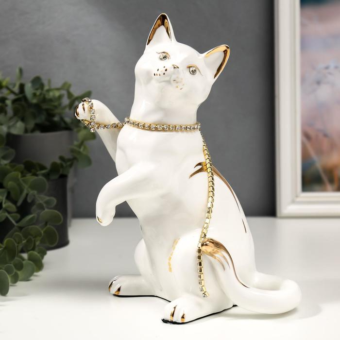 Сувенир керамика Сувенир керамика "Белая кошечка с пояском" с золотом, стразы 22,5 см