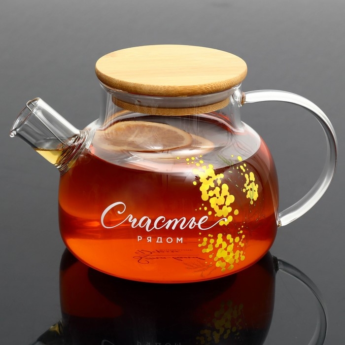 Чайник стеклянный заварочный с бамбуковой крышкой «Счастье рядом. Нежная мимоза», 800 мл Чайник стеклянный заварочный с бамбуковой крышкой «Счастье рядом. Нежная мимоза», 800 мл