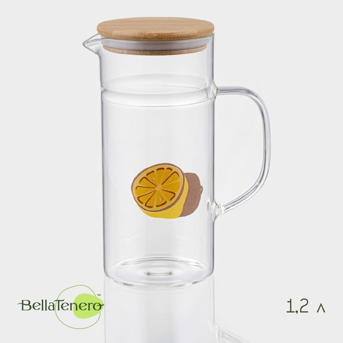 Кувшин для воды стеклянный мерный из стекла с бамбуковой крышкой BellaTenero «Эко. Фрукты», 1,2 л, 14,5×9,5×22 см Кувшин для воды стеклянный мерный из стекла с бамбуковой крышкой BellaTenero «Эко. Фрукты», 1,2 л, 14,5×9,5×22 см