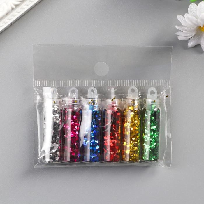 Глиттер набор 6 бутылочек Глиттер набор 6 бутылочек "Хлопья блеск", вес глиттера в 1 бут - 1,2 гр, цвет микс