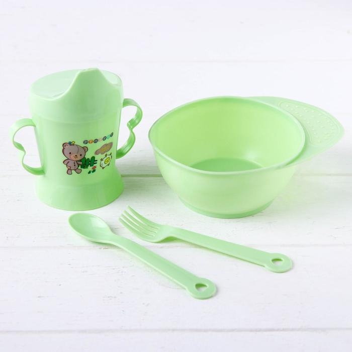 Набор детской посуды, 4 предмета: миска, ложка, вилка, поильник с твёрдым носиком 200 мл, цвета МИКС Набор детской посуды, 4 предмета: миска, ложка, вилка, поильник с твёрдым носиком 200 мл, цвета МИКС