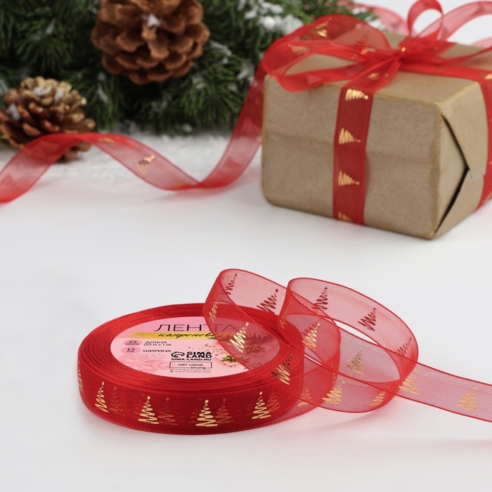 Новый год! Лента капроновая с тиснением «Ёлки», 15 мм × 23 ± 1 м, цвет красный/золотой Новый год! Лента капроновая с тиснением «Ёлки», 15 мм × 23 ± 1 м, цвет красный/золотой