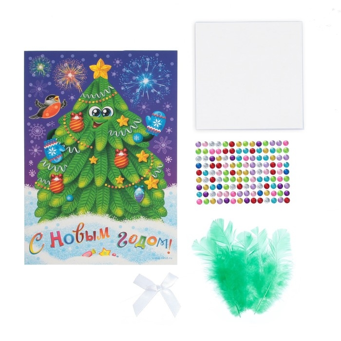 Аппликация перьями и стразами для детей на новый год «Ёлочка», набор для творчества Аппликация перьями и стразами для детей на новый год «Ёлочка», набор для творчества