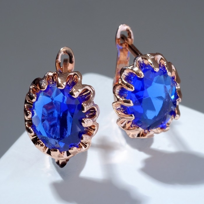 Серьги со стразами «Эдель» овал кружево, цвет синий в розовом золоте Серьги со стразами «Эдель» овал кружево, цвет синий в розовом золоте
