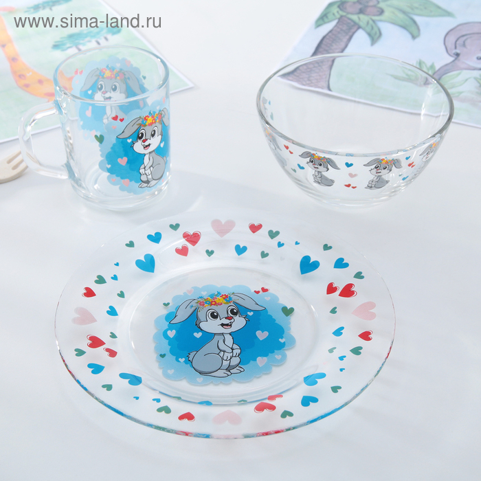 Набор детской посуды Доляна «Зайчонок», 3 предмета: кружка 200 мл, миска 450 мл, тарелка d=20 см Набор детской посуды Доляна «Зайчонок», 3 предмета: кружка 200 мл, миска 450 мл, тарелка d=20 см