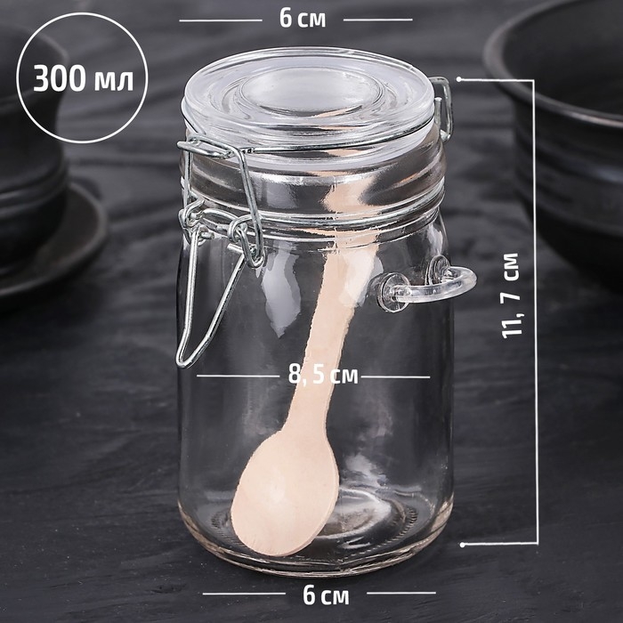 Банка стеклянная для сыпучих продуктов с бугельным замком и ложкой Доляна «Оптима», 300 мл, 8,5×6,5×11 см