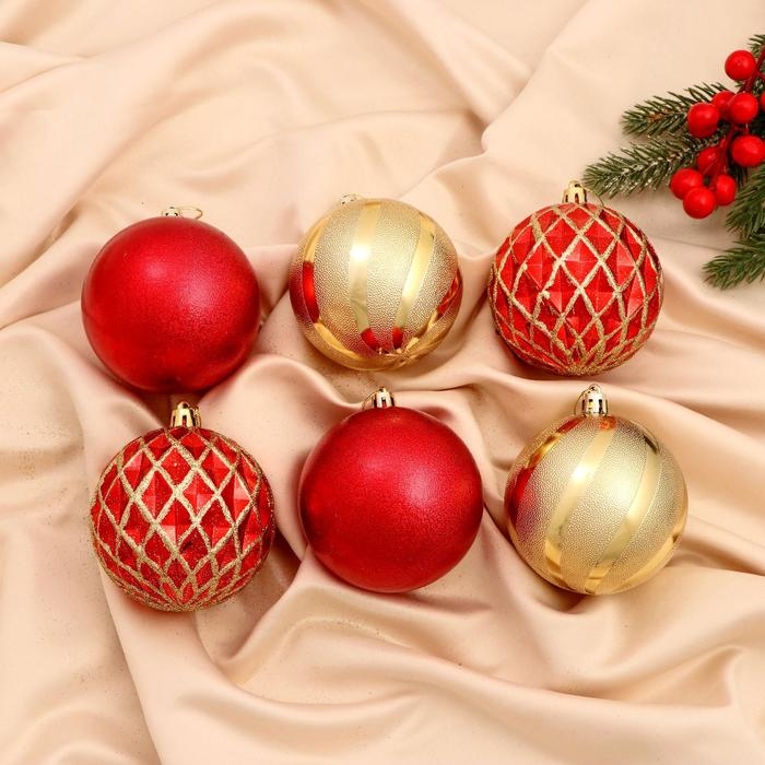 Набор шаров пластик d- 8 см, 6 шт Набор шаров пластик d- 8 см, 6 шт "Беата сеточка" золотисто-красный