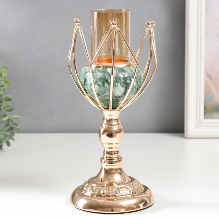 Подсвечник металл на 1 свечу Подсвечник металл на 1 свечу "Бутон. Бело-зелёный мрамор" золото 25х11х11 см