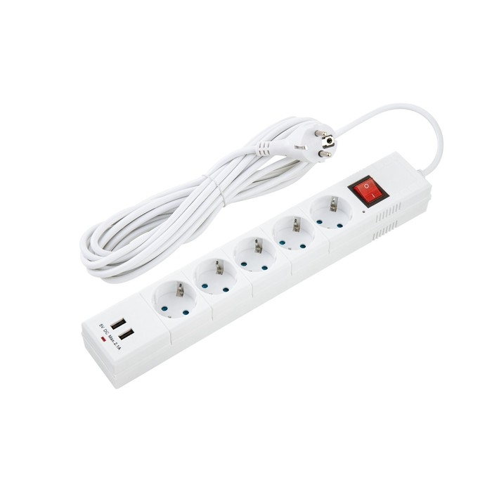 Сетевой фильтр duwi, 5 розеток, 5 м, 10 А, ПВС 3х0.75 мм2, с з/к, 2 USB, со шторками, белый