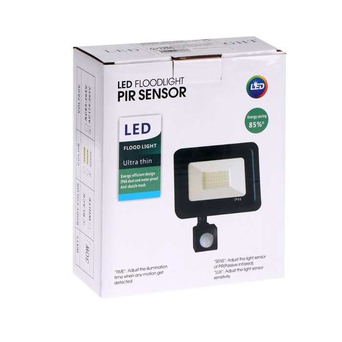 Прожектор светодиодный, 30 Вт, 2700 Лм, 6500К, Датчик движения, IP66