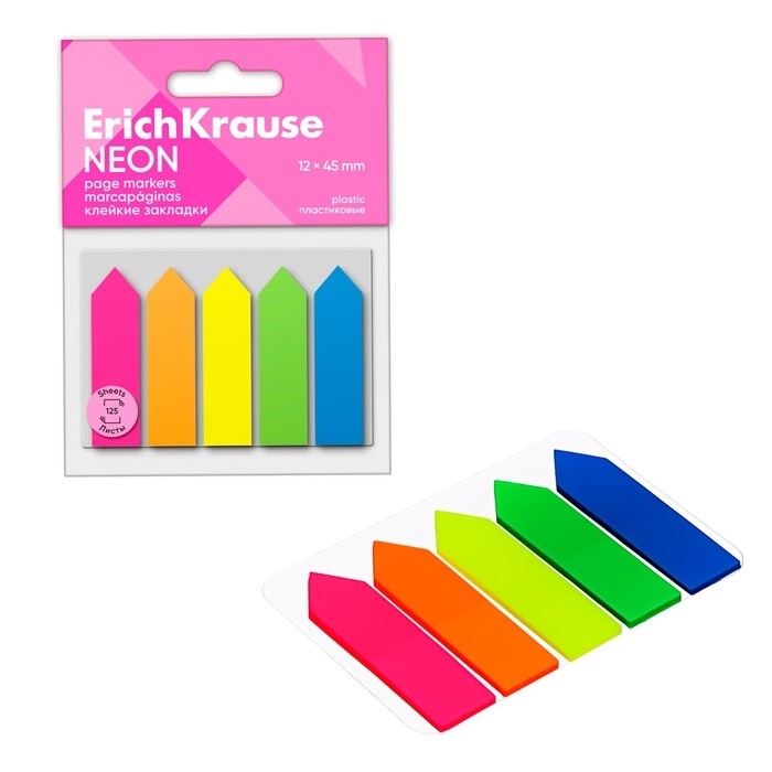 Закладки с клеевым краем пластиковые, 12х45 мм, ErichKrause, Закладки с клеевым краем пластиковые, 12х45 мм, ErichKrause, "Neon Arrows", 125 листов, 5 цветов