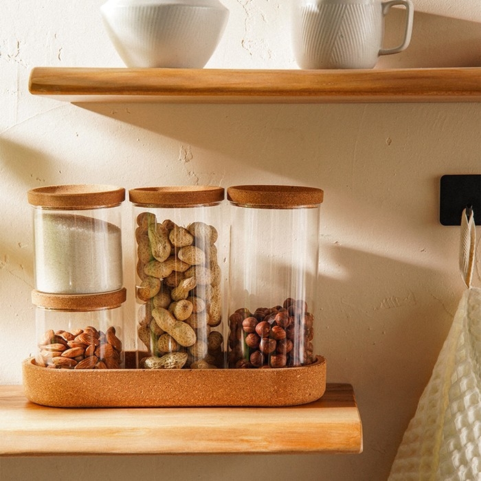 Набор банок стеклянный для хранения сыпучих продуктов SL Home &laquo;Алькорноке&raquo;, 5 предметов: 4 банки 280/650 мл, с пробковой крышкой, на подставке