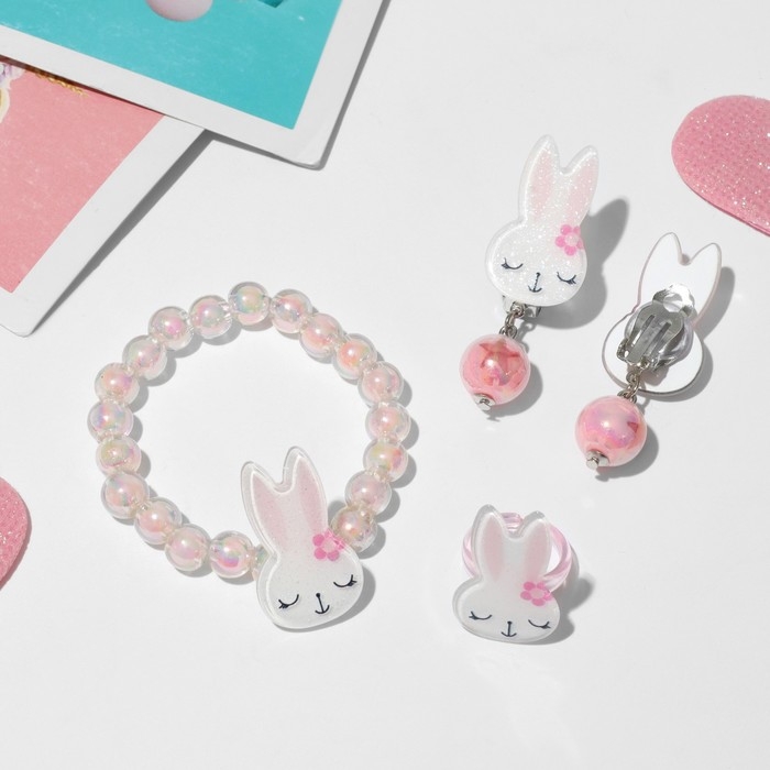 Набор детский «Выбражулька» 3 предмета: клипсы, браслет, кольцо, зайчики, цветной Набор детский «Выбражулька» 3 предмета: клипсы, браслет, кольцо, зайчики, цветной