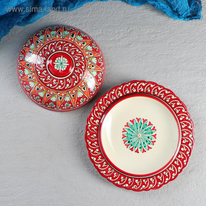 Блинница Риштанская Керамика  Блинница Риштанская Керамика "Цветы", 24 см, красный