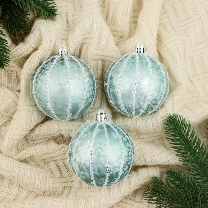 Набор шаров пластик d-8 см, 3 шт Набор шаров пластик d-8 см, 3 шт "Сказочные узоры" полосы, зелёный