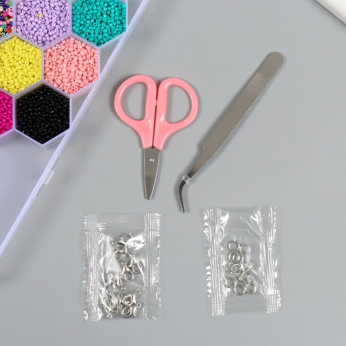 Бисер стекло 8/0, 12/0 в шкатулке  Бисер стекло 8/0, 12/0 в шкатулке "Летний" бусины, леска, ножницы, пинцет 20х20х1,8 см