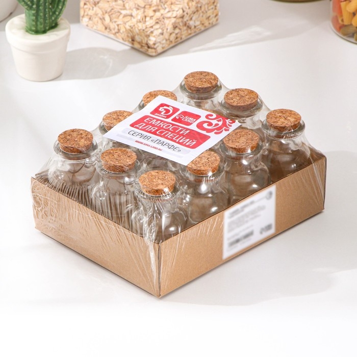 Набор баночек стеклянных для специй с пробковой крышкой Доляна «Парфе», 70 мл, 4,5×8 см, 12 шт