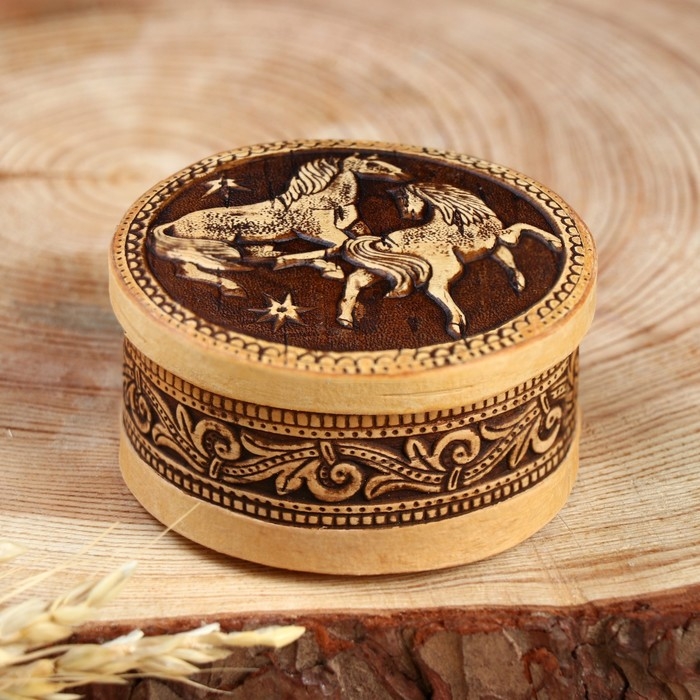 Шкатулка  Шкатулка "Лошадки", круглая, береста, микс