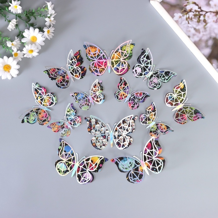 Наклейка бумага, пластик  Наклейка бумага, пластик "Бабочки на Хэллоуин" серебро набор 12 шт